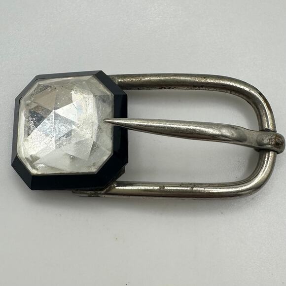 Made in France antique Art Deco silver tone clear black Czech glass belt buckle main image 8